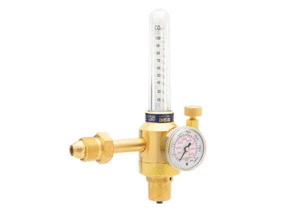 The Harris 3100546 - 355-2CD Compensated Flowmeter Argon/Carbon Dioxide Regulator features a pressure gauge, measurement lines, an adjustment knob, and a threaded cylinder connector. It is suitable for Argon/CO2 applications.