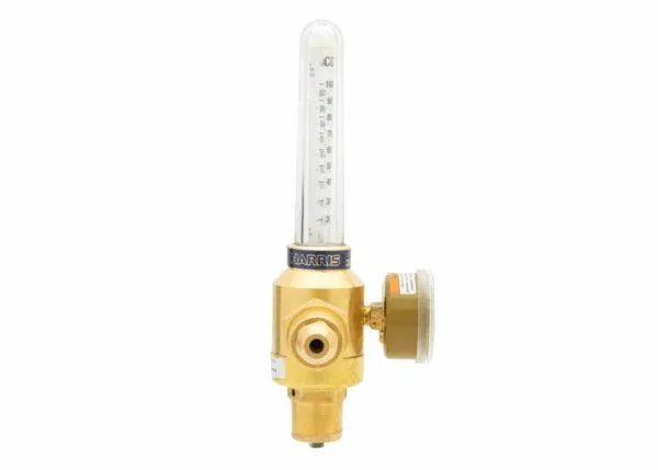 The Harris 3100546 - 355-2CD Compensated Flowmeter Argon/Carbon Dioxide Regulator features a brass body, vertical transparent marked tube, side pressure gauge, and “HARRIS” branding on the collar, shown isolated on a white background.