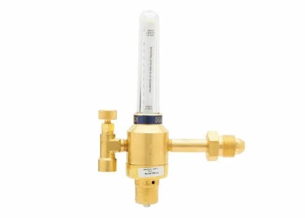 The Harris 3100546 - 355-2CD Compensated Flowmeter Argon/Carbon Dioxide Regulator features a brass body, vertical transparent tube for measurement, left adjustment knobs, and right threaded connector for easy equipment attachment.