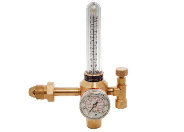 A brass Argon/Carbon Dioxide Regulator, the Harris 355-2, features a pressure compensated flowmeter on top and a round pressure gauge at the bottom for precise gas flow measurement and control.