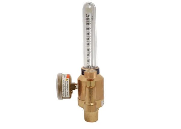 A brass Pressure Compensated Flowmeter with a clear vertical tube marked with air flow measurements and a round gauge, designed as the Harris 355-2 Argon/Carbon Dioxide Regulator.