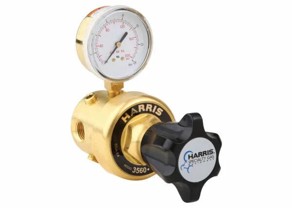 Harris 3560-250 Ultra High Flow In-Line Regulator for welding, brass bar stock, pressure gauge, Harris Specialty Gas knob.