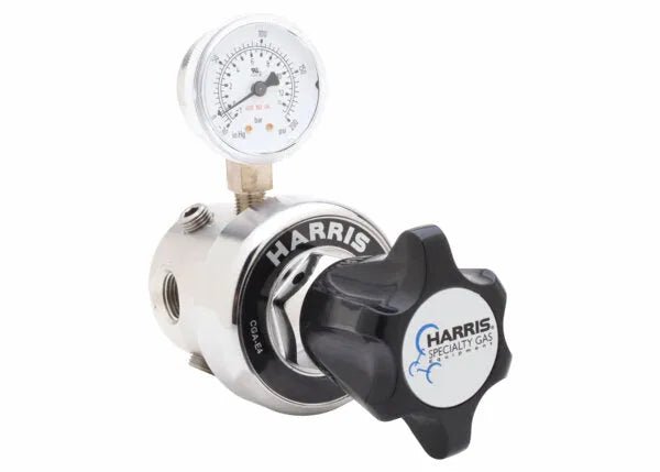 Harris 3590-500 Ultra High Flow In-Line Pipeline Regulator for welding, stainless steel, top gauge, black knob - WeldingMart.