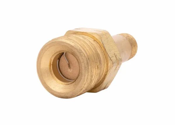 Harris 3/8" NPT LH Manifold Union Bushing 9005727 for welding, brass finish, hex nut, valve opening, compact design.