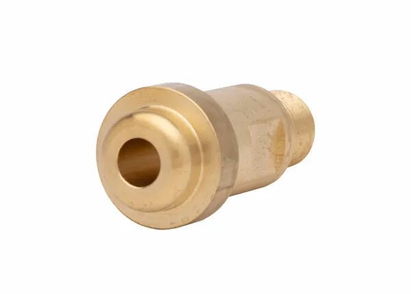 Harris 3/8" NPT Manifold Union Nipple 9005759 brass fitting for welding equipment, with tapered end and gold finish from WeldingMart.