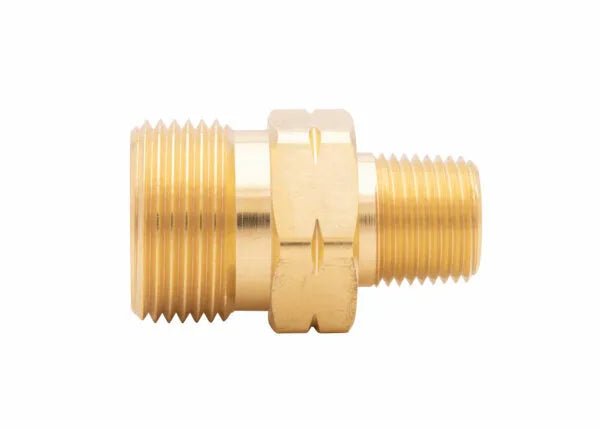 Harris 3/8" NPT RH Manifold Union Bushing 9005747, brass welding adapter, dual male threads, gas equipment accessory.
