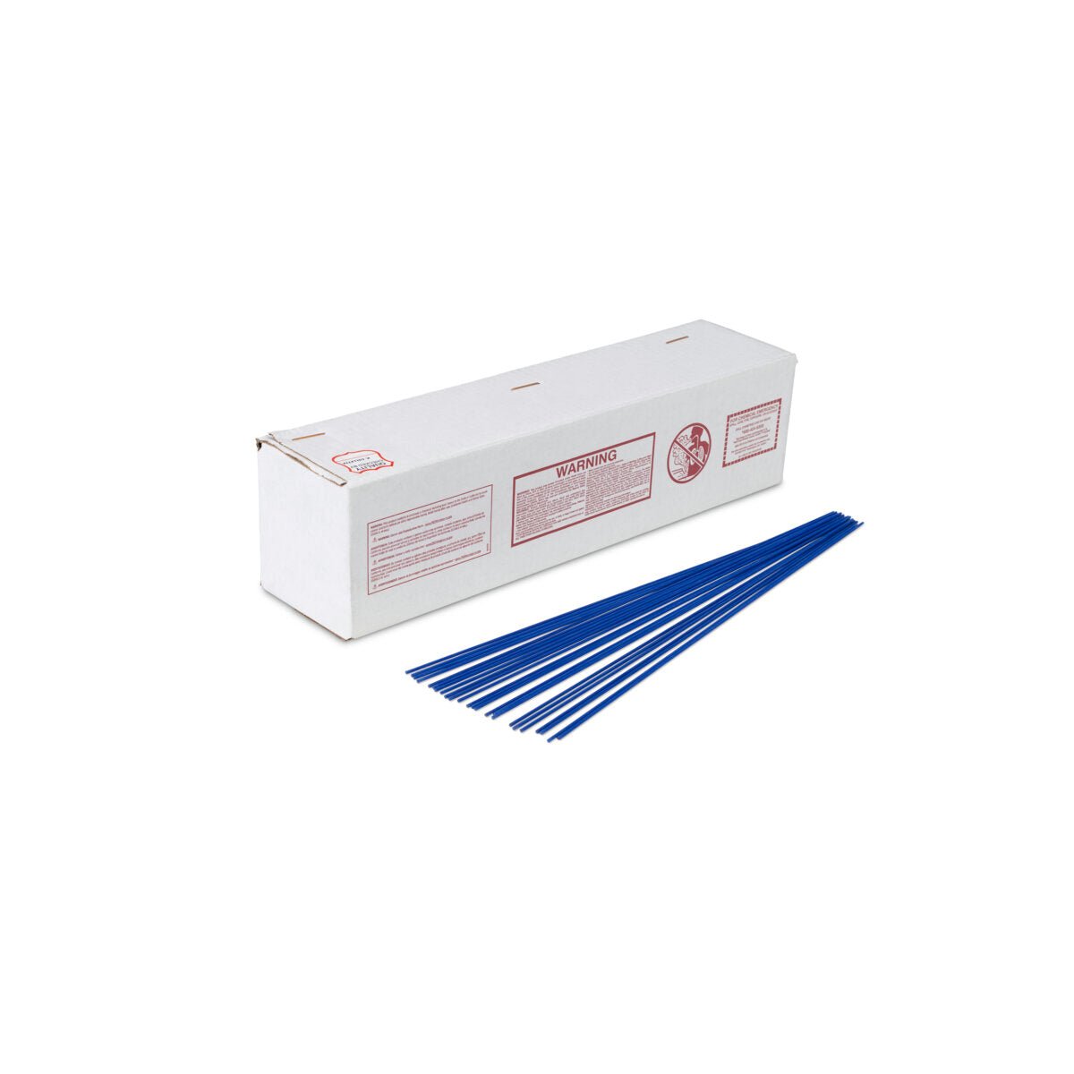 A white rectangular box labeled Harris 40N518L - Safety-Silv 40Ni2 Silver Brazing Alloy - 3/32 in (2.4 mm) - 15 toz Tube sits beside blue rods, arranged in a fan pattern, ideal for stainless steel brazing.