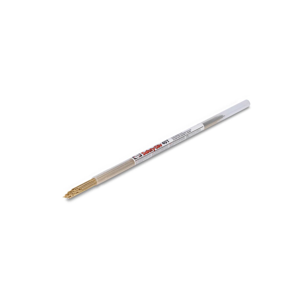 A clear plastic container labeled “Harris 40T318L - Safety-Silv 40T high silver brazing alloy 1/16 x 18 in.” holds several thin, gold-colored rods; the label is white with red and black text.