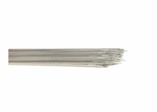 A box of Harris 410 Stainless TIG GTAW Welding Rods (1/16, 10 lbs, 0410T30) is stacked diagonally on a white background. The smooth, silver rods are uniform in thickness, with slightly uneven tips.