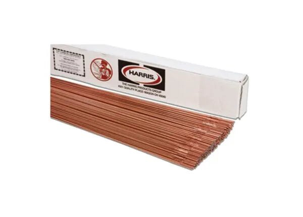 A bundle of Harris 4130 Chrome-Moly TIG GTAW Welding Rods (3/32, 36, 10LB, #0413050) fans out from a white HARRIS box with bold branding and a red/black logo. The smooth, shiny rods are neatly arranged for welding use.