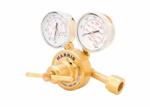 A brass Harris single stage regulator with two gauges displaying pressure readings and a horizontal adjustment handle, used for controlling gas flow in industrial settings.