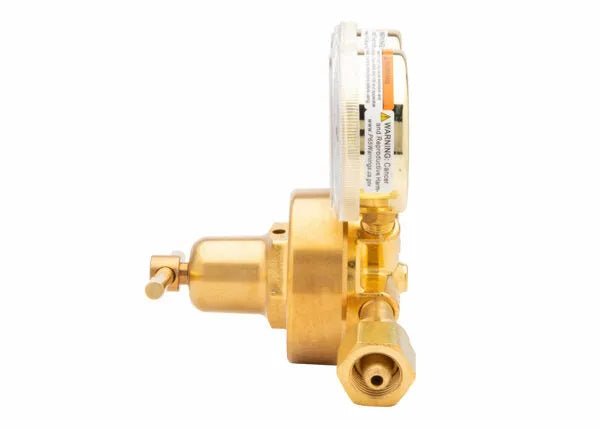 A Harris 425 single stage regulator with a pressure gauge is shown from the side on a white background. The brass medical air regulator features a round gauge, adjustment knob, and threaded connector.