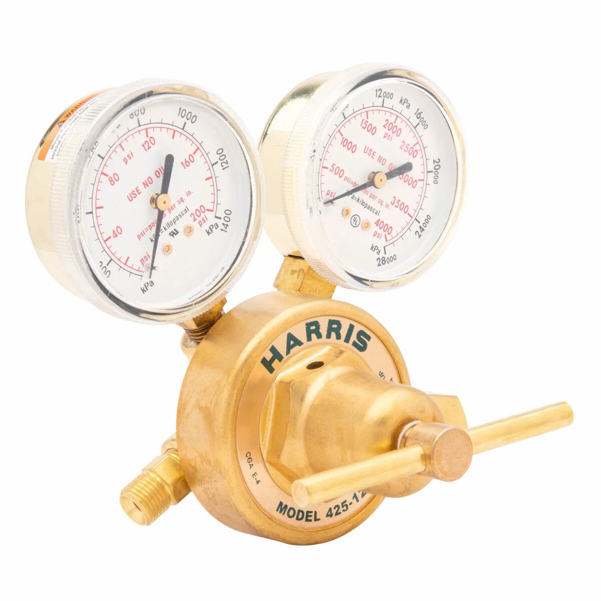 A brass Harris industrial regulator with two pressure gauges, labeled in red and black, featuring a T-shaped adjustment handle on the front. This single stage oxygen regulator displays the model number 425-100 on the body.