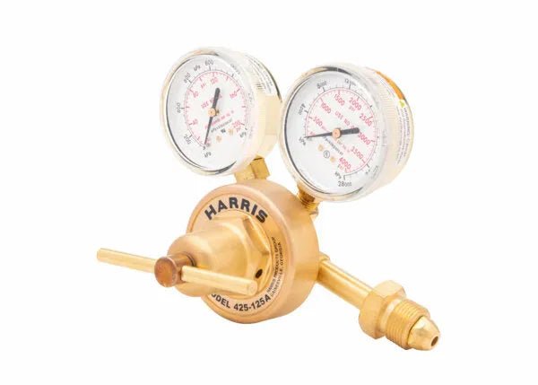 Harris 425-125-590 single stage air regulator for welding, dual gauges, control knob, on white background—WeldingMart accessory.