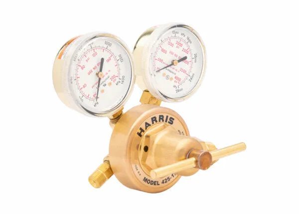 A brass industrial gas regulator with two pressure gauges and a control knob, labeled “Harris Model 425.” This single stage regulator displays pressure readings in both psi and kPa.