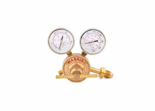 A single stage brass industrial regulator for acetylene, featuring two pressure gauges and a control valve, labeled HARRIS on the front, isolated on a white background.