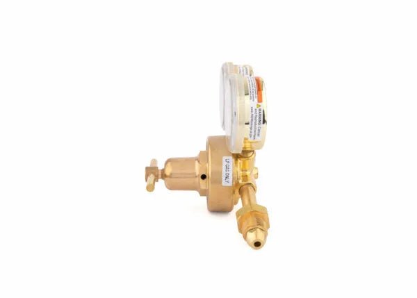 A single stage brass acetylene regulator with a pressure gauge attached, shown against a white background. The industrial regulator features labeled dials and a connector on one end for attaching to equipment.