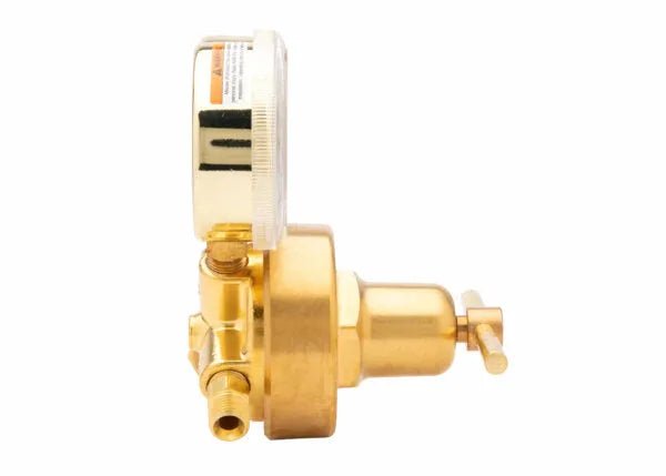 A Harris 425 single stage regulator made of brass, featuring a round pressure gauge on top, threaded inlet and outlet, and a T-shaped adjustment handle, is shown against a white background. Ideal as a medical air regulator.
