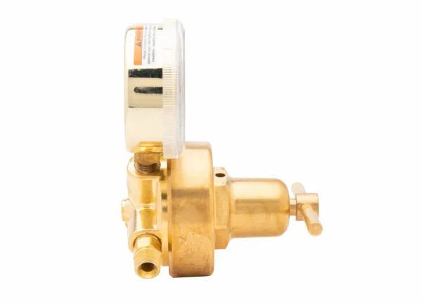 A Harris 425 single stage oxygen regulator features a brass body, a round pressure gauge on top, and a side adjustment handle, photographed against a white background.