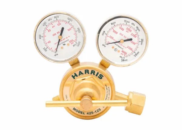 A brass Harris 425 Single Stage Oxygen Regulator with two gauges displaying pressure readings, labeled HARRIS and MODEL 425-125, designed for precise control of oxygen gas flow.