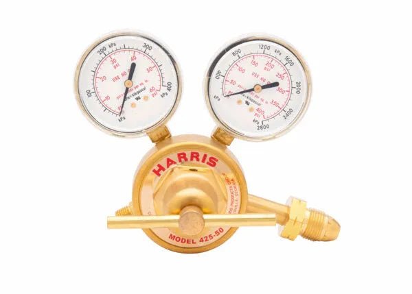 Harris 425-50-510P Single Stage Propane Regulator for welding, with twin gauges and control knob; brass LPG tool, 3000713.