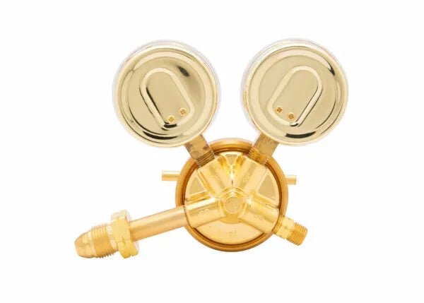 Harris 425-50-510P Single Stage Propane Regulator for welding, brass finish, dual gauges, 3 fittings, WeldingMart equipment.