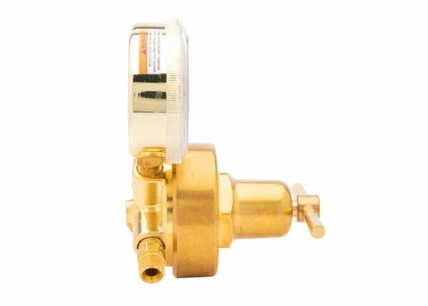 Side view of Harris 425-50-510P Single Stage Propane Regulator for welding, with gauge, T-handle, and threaded connections.