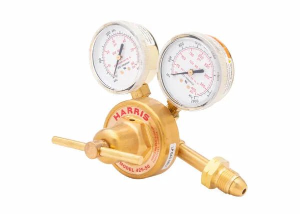 Harris 425-50-510P Propane Regulator for welding, with dual gauges & control knob, fits gas cylinders for precise flow control.