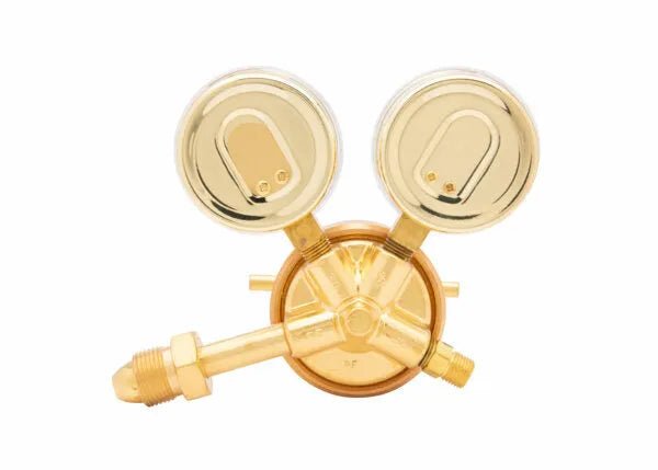 Harris 425-50-580 Single-Stage Argon/Helium/Nitrogen Regulator with dual gauges for welding, WeldingMart, on white background.