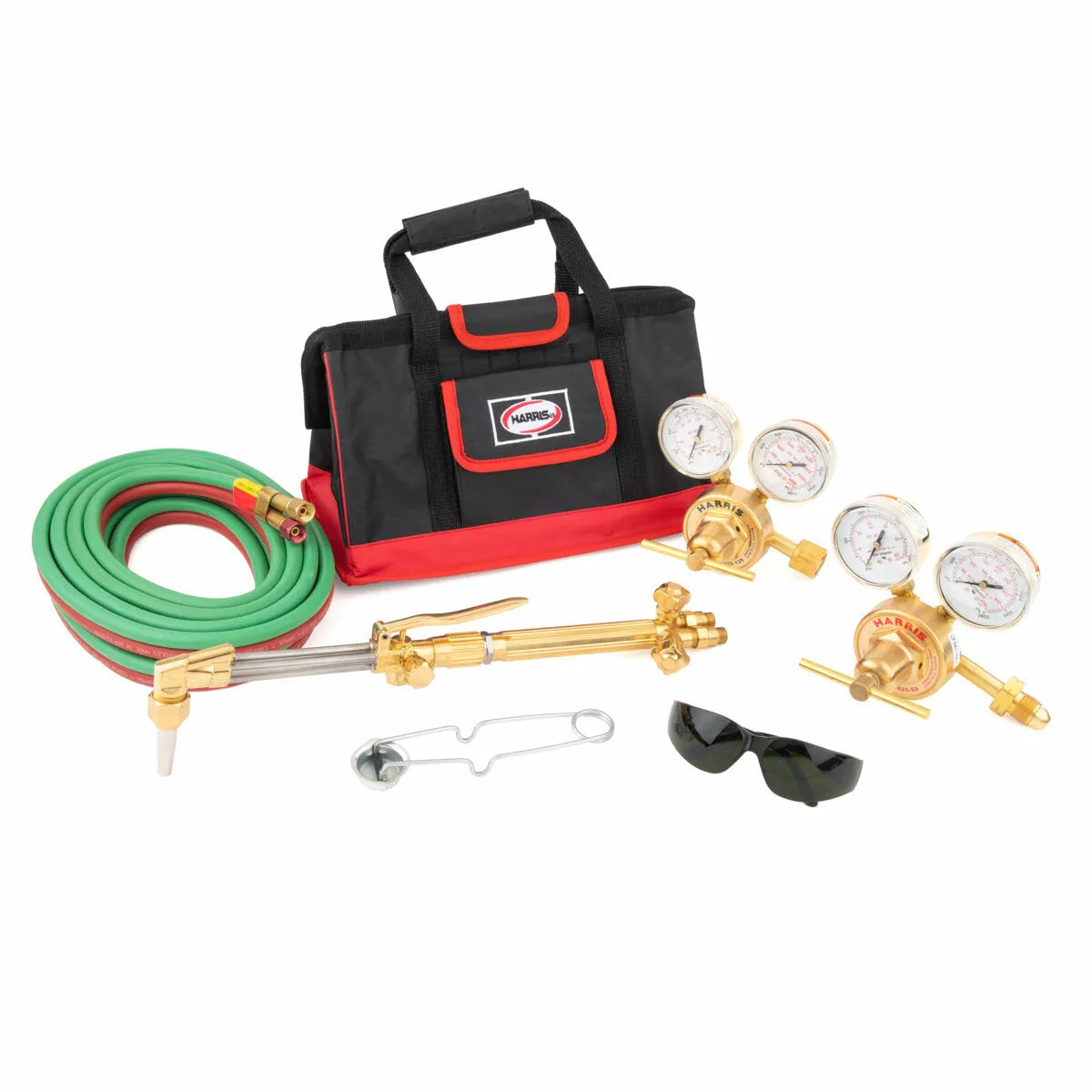 Harris 43-425F-510P Propane Cutting Torch Kit with hoses, regulators, gauges, torch, wrench, safety glasses, carrying bag.