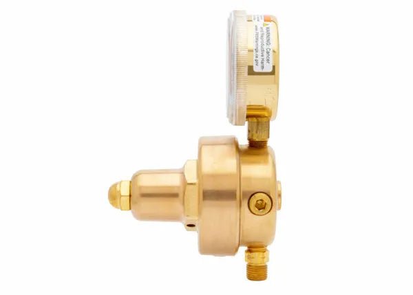 Harris 447-50-CRM Single Stage Gas Regulator for welding, with gauge and fittings, side view on white. WeldingMart equipment.