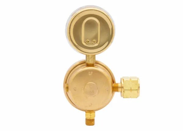 Harris 447-50-CRM single stage air/inert gas welding regulator with brass body, pressure gauge, and knob, on white background.