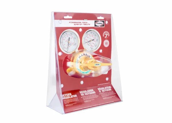 Harris 450-125-540 Single Stage Oxygen Regulator for welding, dual gauges, stainless diaphragm, in branded clear package.