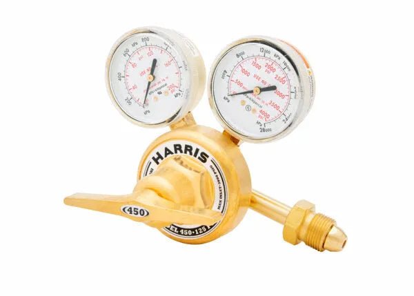 Harris 3002498 single-stage welding regulator, dual gauges, stainless diaphragm, for argon, helium, nitrogen cylinders.