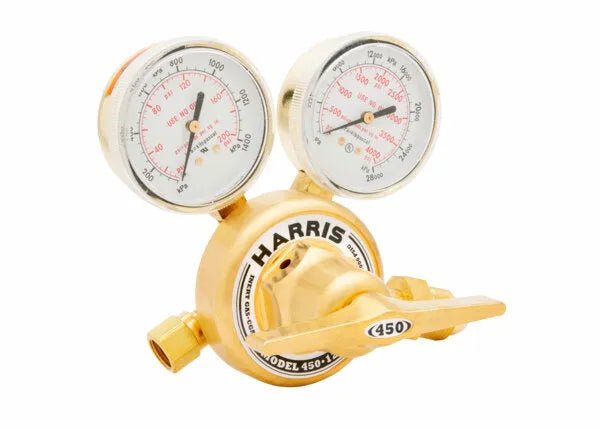 Harris 3002498 brass single-stage welding regulator, dual gauges, stainless diaphragm, for argon, helium, or nitrogen gas.