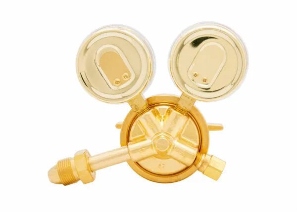 Harris 3002498 brass gas regulator for argon, helium, nitrogen; dual gauge, steel diaphragm—welding tool at WeldingMart.