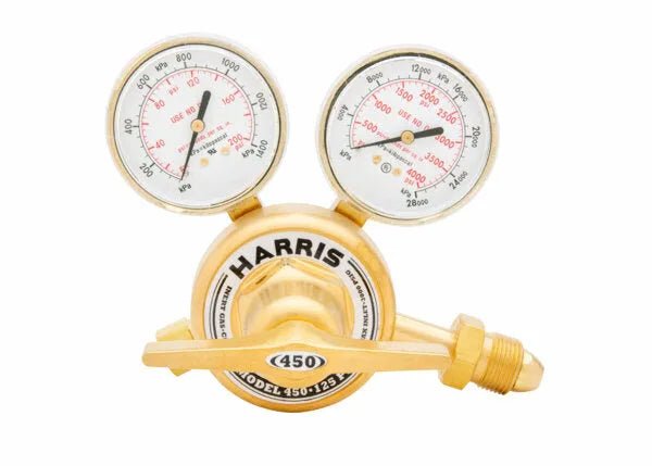 Harris 3002498 single-stage welding regulator with stainless steel diaphragm, dual gauges, for argon, helium, nitrogen control.
