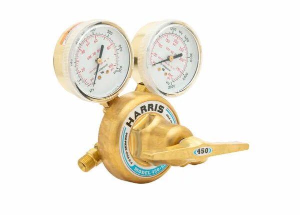 Harris 450-50-510P propane/LPG regulator for welding, with stainless diaphragm, dual gauges (psi/kPa), large adjust handle.