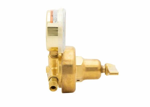 Harris 450-50-510P Stainless Steel Propane/LPG Welding Regulator with gauge, side view, for welding tools at WeldingMart.