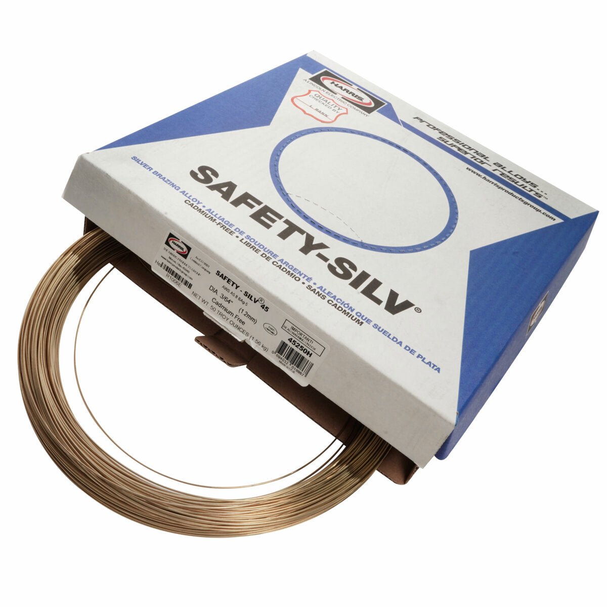 A box labeled Harris 45250H - Safety-Silv 45 high silver brazing alloy (3/64 in., 50 toz. coil) shows a partially pulled-out wire and white-blue packaging with cadmium-free filler metal info on the front.
