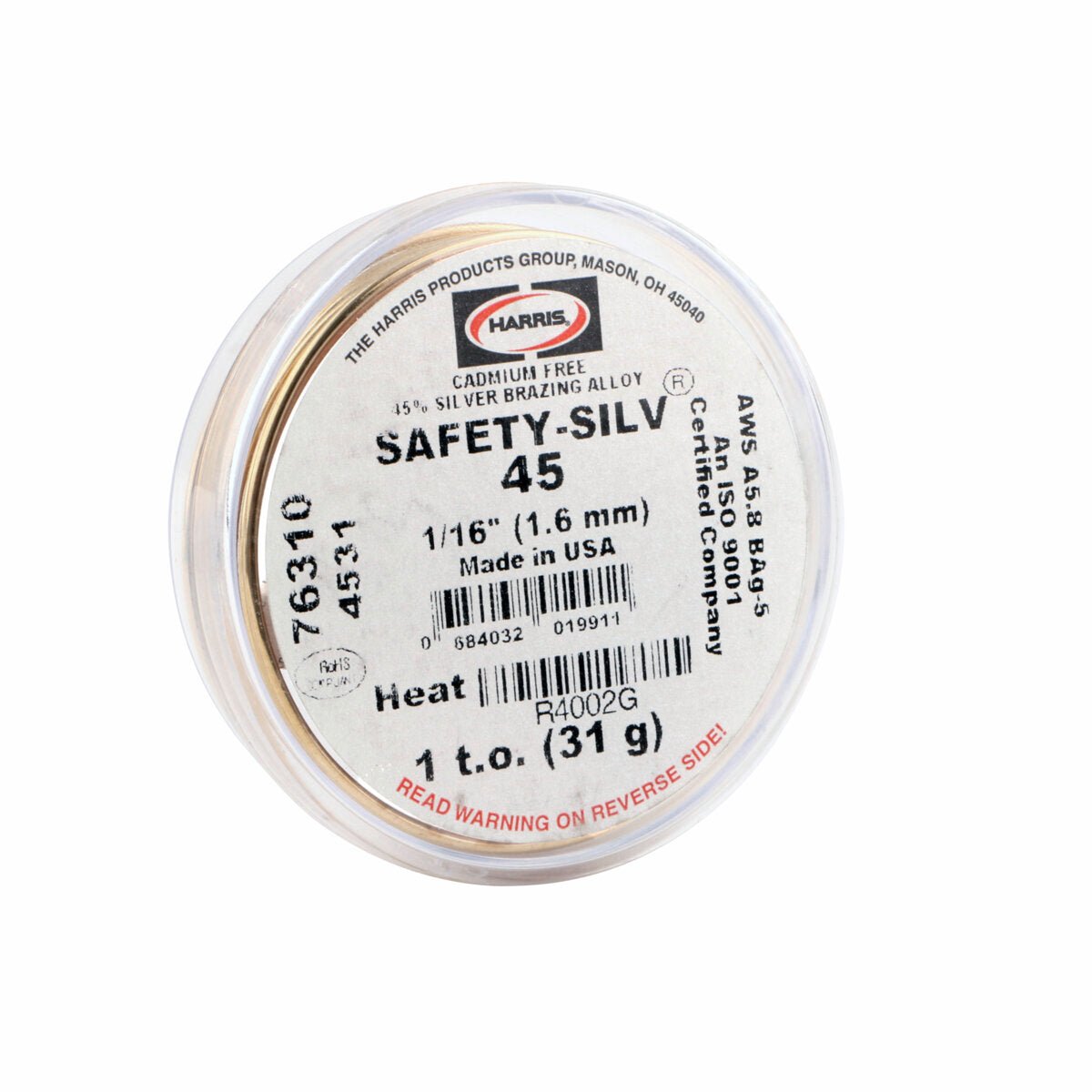 A close-up of a spool labeled Harris 45336L Safety-Silv 45, a cadmium-free high silver brazing alloy, 1/16 in. (1.6 mm), 36 in. per piece, from a 50 troy oz box, with product details visible on the label.