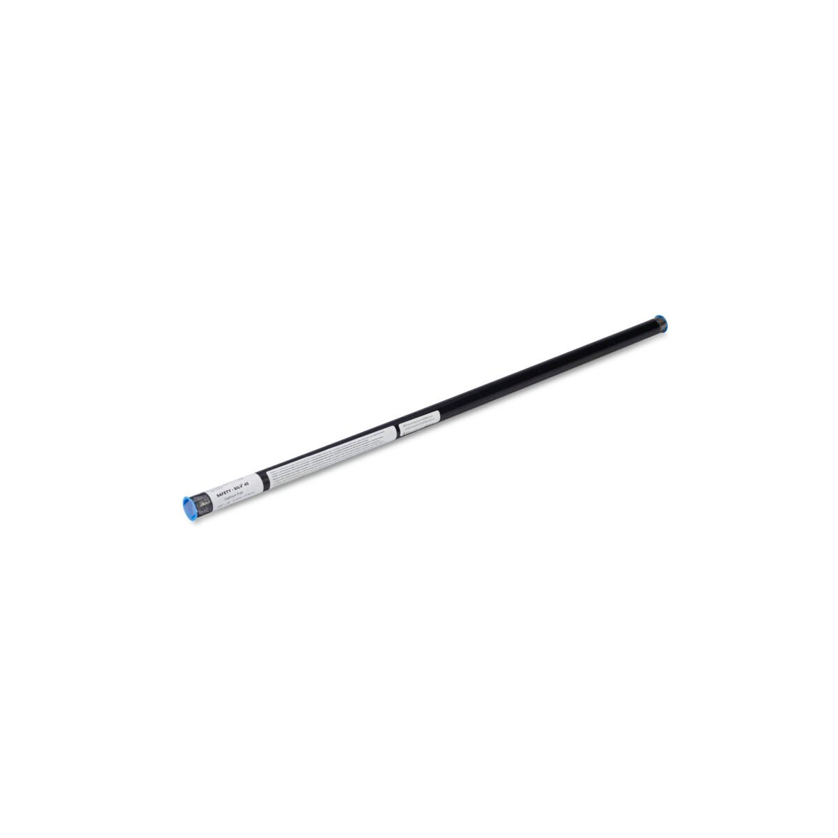 The Harris 45536L Safety-Silv 45 high silver brazing alloy, 3/32 x 36 in., features a black cylindrical rod with blue ends and a white label, shown isolated on a white background.