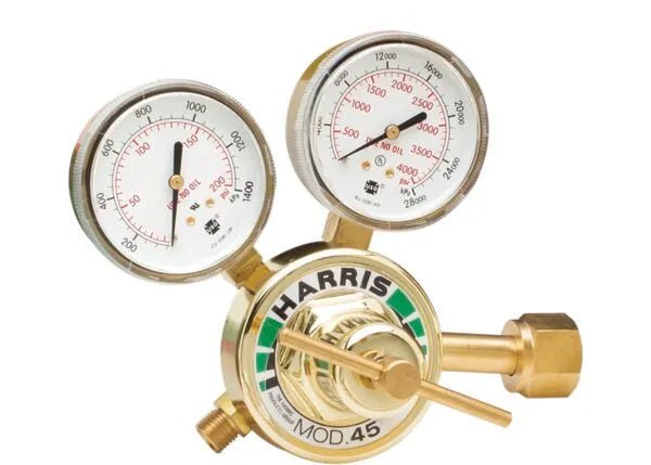 Harris 45S-15-510 Single Stage Acetylene Regulator with dual gauges and control knob for precise welding gas flow control.