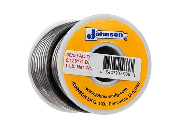 A yellow-labeled Harris 50A61 50/50 leaded acid core solder spool, 1/8 in (3.2 mm) diameter, 1 lb net weight; manufacturer details and website appear around the edge of the label.