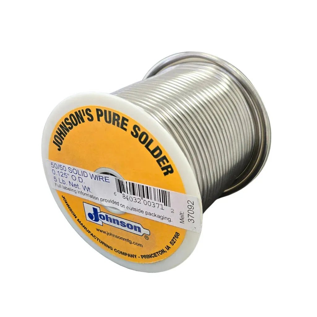 A spool of Harris 505065 50/50 Leaded Solid Wire Solder, 1/8 in (3.2 mm), 5 lb, with a yellow and white label showing product info, barcode, and logo. The shiny coiled solder is for general purpose use; background is plain white.