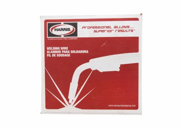 A white and red box of Harris - 5356 Aluminum MIG GMAW Welding Wire 3/64 16lb SPOOL features a welding torch silhouette with sparks, bilingual English, Spanish, and French text, and the label: PROFESSIONAL ALLOYS... SUPERIOR RESULTS.
