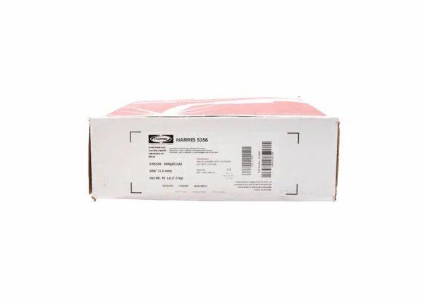 A rectangular white box with a label and barcodes holds the Harris - 5356 Aluminum MIG GMAW Welding Wire 3/64 16lb Spool (0535627), visible through a clear plastic top. Red deli paper sheets inside are ideal for packaging aluminum-magnesium alloy wire.