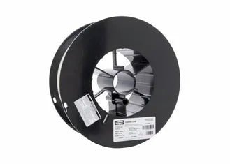 A large, black spool of Harris 5356 Aluminum MIG GMAW Welding Wire 3/64 20# (0535629) stands upright on a white background. The metallic wire is wound inside, with product labels and barcodes on the rim and a hollow center.