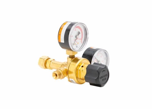 Harris 601-15-200-B Acetylene Regulator for welding, with dual gauges, brass body, black knob, on white background. WeldingMart.