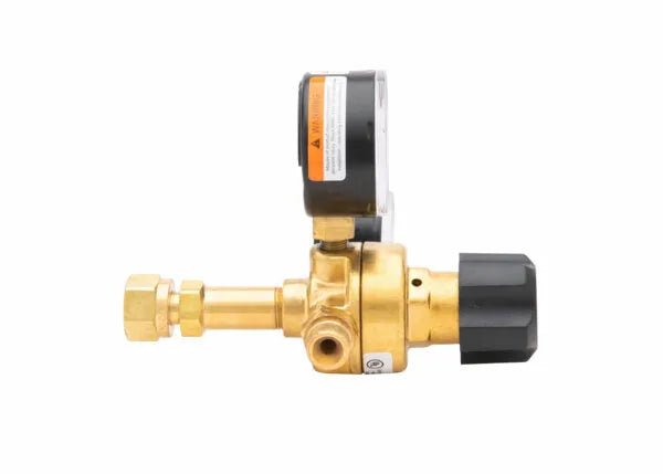Harris 601-15-300 single stage acetylene regulator for welding, brass body, black knob, top gauge, side view, white background.
